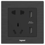 罗格朗酒店客控 E5 拉丝黑 五孔带双口USB插座 五孔USB 10A